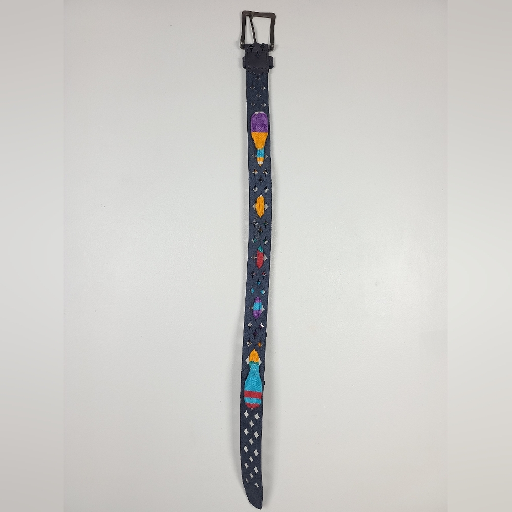 Vintage Charcoal Gray Western Leather Serape Silver-Tone Stamped Concho Belt M - Picture 14 of 16
